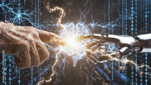 Human Hand and Robot Finger Touching with AI Technology and Big Data Network Background

