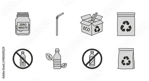 Set of zero waste and recycling iconography featuring eco friendly packaging symbols