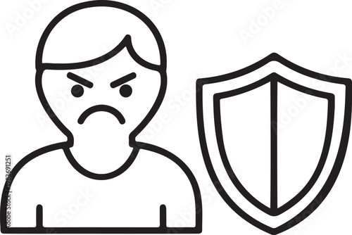 Angry man avatar silhouette. Furious boy face expression icon. Mad person character symbol. Annoyed young man outline illustration.