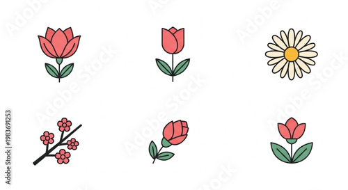 Set of colorful flat design flower icons representing different plant species