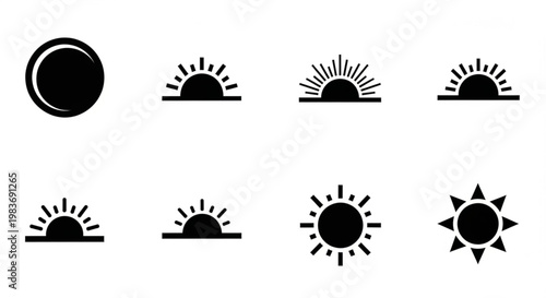 Set of minimalist black sun and sunrise icons in various styles