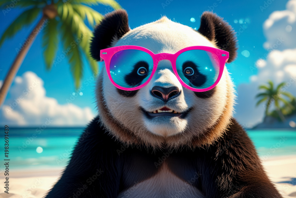 Fototapeta premium Portrait of panda bear animal pet on background summer sandy beach sea coast seascape AI Generative