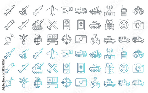 Advanced Combat Icon Set Featuring Missiles, Aircraft, Weapons, Tanks, Submarines, and Integrated Network Systems for Modern Military and Technology-Themed Design Projects