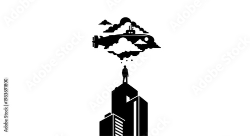 A man standing on a skyscraper with smoke coming out.
