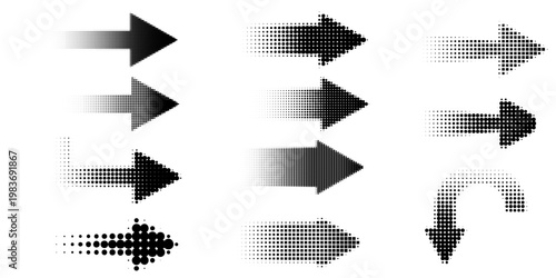 Halftone arrow icons, black dot direction symbol, dotted pointer, straight arrow with fade effect. Vector set arrow