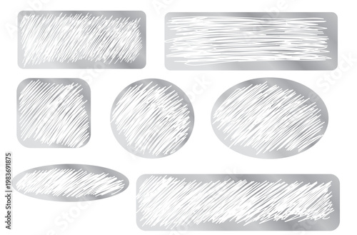 Silver scratch surfaces with scraped textures with Win, Prize and money winning text. Set of of winner lotteries, sale coupons, jackpot scratchcards templates. Vector flat  realistic illustration