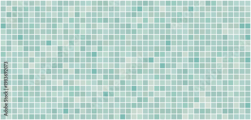 Mint green mosaic tiles background featuring aquamarine square pattern, fresh ceramic wall texture for swimming pool and bathroom interior design.