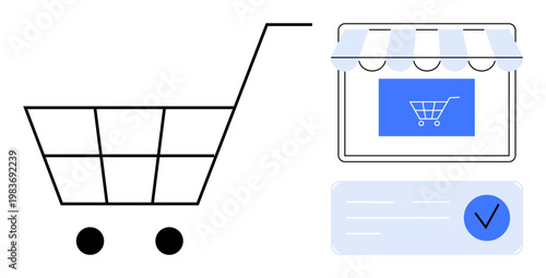 E-commerce, online payment, digital transactions, shopping carts, retail business, financial technology. ion of a cart, storefront and payment checkmark icon. E-commerce and online payment concept