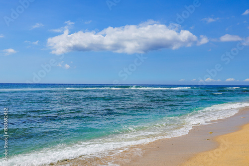 Scenic tropical landscape of Saint Gilles Les Bains beach, Reunion Island, Africa	