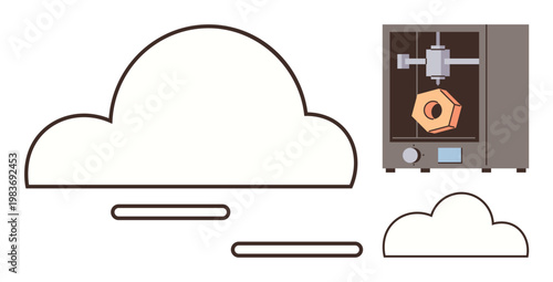 Cloud computing, 3D printing, innovation, digital storage, manufacturing, modern technology. Cloud icons and a 3D printer creating an object. Cloud computing and 3D printing concept