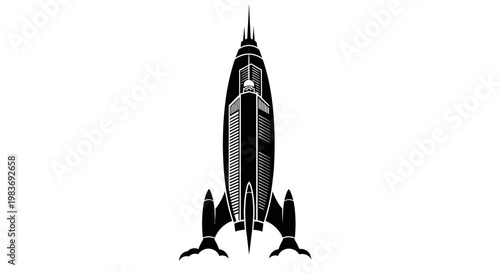 Black and white illustration of a rocket ship.