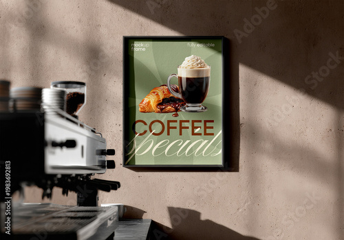 Coffee Poster Frame Mockup in Cafe Interior