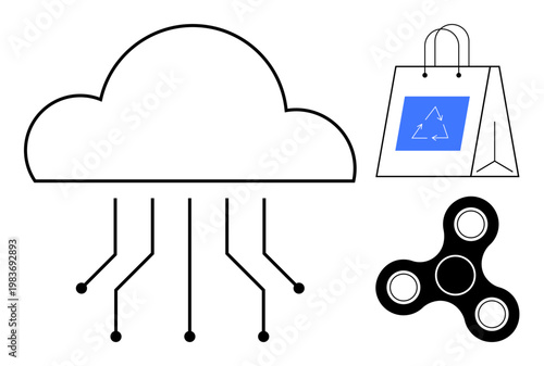 Cloud technology, sustainability, e-commerce, gadgets, connectivity, innovation. A cloud with circuits, a recycling bag and a fidget spinner. Cloud technology and sustainability concepts