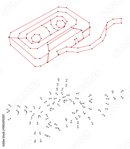 An audio cassette with tape. Connect the dots educational drawing game. Dot to dot by numbers puzzle. Google Font Fira Sans Condensed.