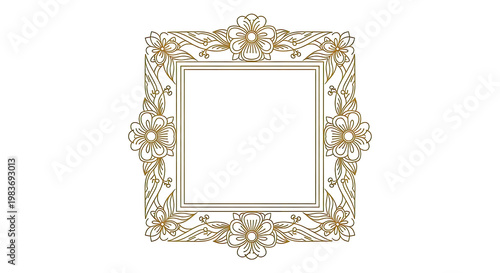 Ornate square frame with floral decorations in gold outline elegant botanical border for invitations and design projects isolated vector