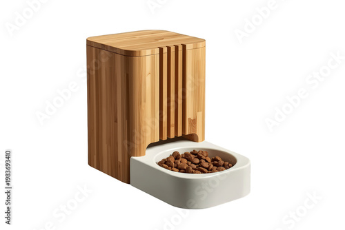 Automatic pet feeder dispensing dry food into a ceramic bowl, bamboo wood modern design for pets