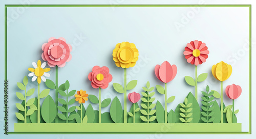 Colorful floral garden with paper art style and soft pastel hues featuring playful paper cut flowers and lush green foliage in a vibrant spring design