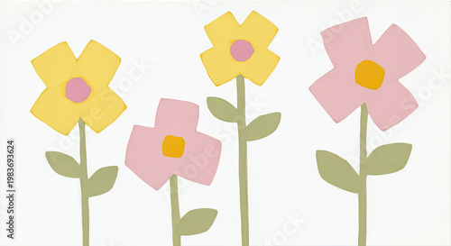 Cheerful hand-drawn floral arrangement featuring yellow and pink flowers with green stems on a white background in a playful style