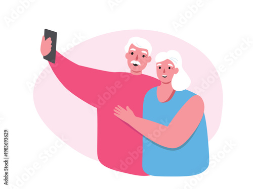 An elderly couple is hugging and taking a selfie. A husband and wife are taking a photo. Vector flat graphics.