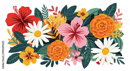 Vivid tropical floral illustration featuring hibiscus daisies and marigolds with rich texture and bold color palette on a bright background