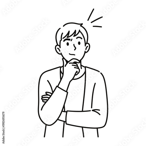 Man thinking with hand on chin thinking pondering contemplation question contemplating consideration reflection