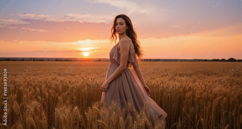 Naklejka premium woman in a dress standing in a wheat field during sunset
