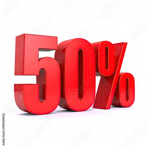 Glossy red 3D rendering of fifty percent (50%) symbol on white perfect for sales discounts promotions and commercial use