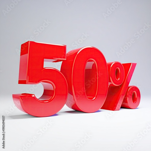 Glossy red 3D render of fifty percent symbol on light grey surface; volumetric typography promoting sale offers and seasonal discount campaigns