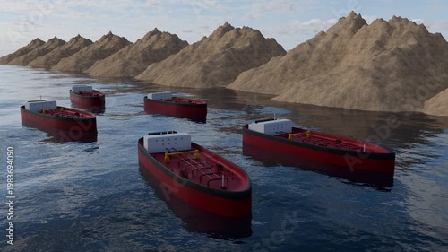 3D Render of Oil Tanker Fleet Navigating Through Coastal Mountain Strait