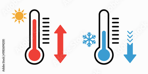 Thermometer temperature up and down icon collection, hot and cold level indicators, rising and falling temperature symbols, minimal vector design for weather apps and climate dashboard interfaces.