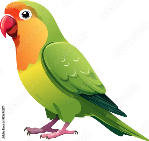 Obraz Realistic Lovebird Standing Full Body with Vibrant Green and Orange Feathers