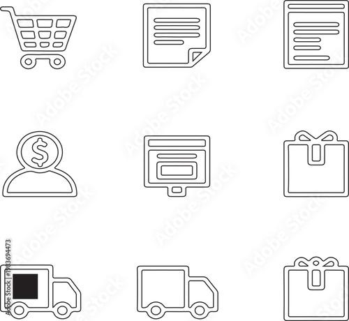 Set of minimalist linear e-commerce and logistics icons featuring shopping carts delivery trucks and gift boxes.