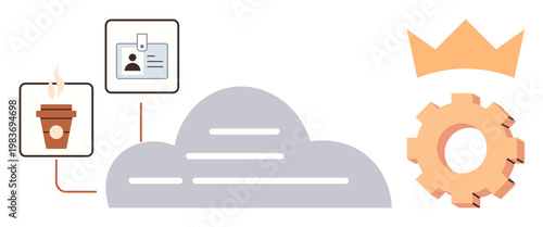 Technology, cloud computing, identity security, workflow efficiency, connectivity, innovation. Graphics of a cloud, coffee cup ID badge gear and crown. Cloud computing and identity security