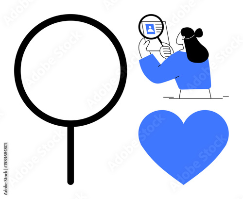 Identity verification concept. A woman analyzes user data with a magnifying glass, exploring personal profiles. Identity verification for cybersecurity, authentication, user trust, digital privacy