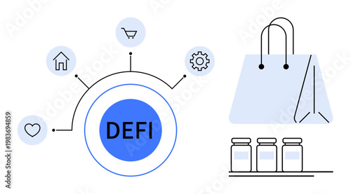 Decentralized finance, blockchain economy, online transactions, digital shopping, supply chains, fintech solutions. Circular DEF icon with related symbols and shopping elements. Decentralized finance