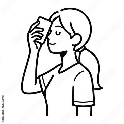 Woman cooling forehead with a tissue on a hot day line art outdoor activity forehead illustration minimalist