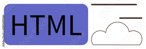 Web development, coding, cloud computing, internet technology, digital design, programming tools. Visual of HTML text with cloud and coding lines. Web development and coding tools concept
