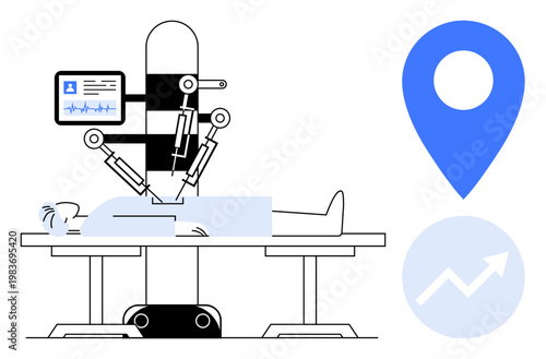 Healthcare technology, robotic surgery, data monitoring, innovation, medical trends, precision healthcare. Robot performing surgery on a patient, icons of analysis and location. Healthcare technology
