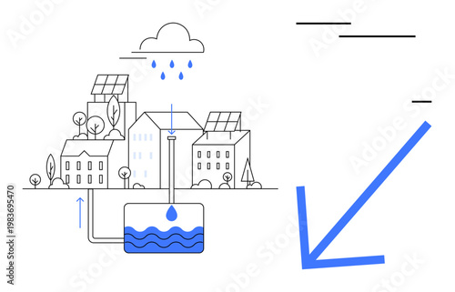 Environmental conservation, urban infrastructure, renewable energy, water recycling, sustainability, clean water systems. Cityscape with solar panels and rainwater harvesting system. Environmental