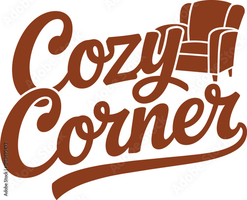Cozy Corner text with armchair graphic on transparent for home decor and script font
