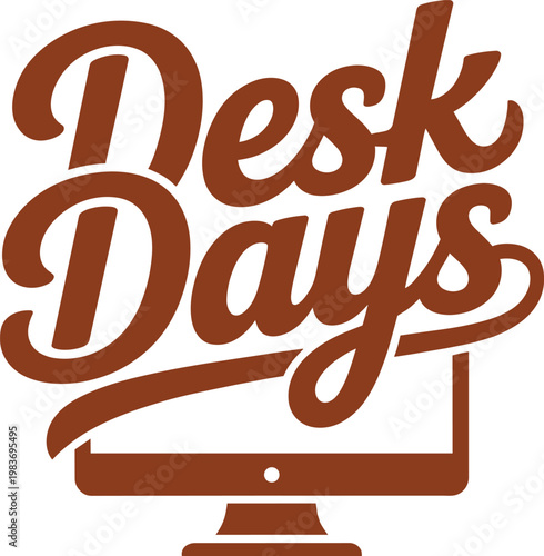 Desk Days bold brown script lettering with computer monitor icon on transparent