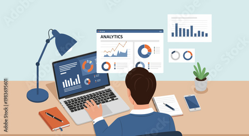 Man working on laptop with analytics data.