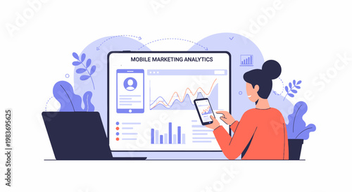 woman analyzing mobile marketing analytics on computer.