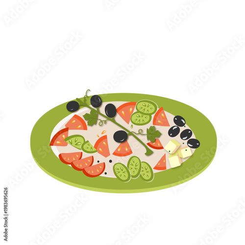 Assorted appetizer plate with grapes, fresh tomatoes, cucumbers, feta cheese and olives, top view vector illustration.