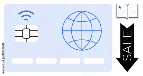 Digital payments, e-commerce, global networking, contactless technology, financial transactions, retail discounts. Chip card with wireless signal and globe. Digital payments and e-commerce concept