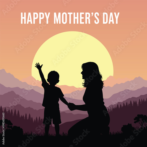 Happy mother's day silhouette a mother and child at sunset