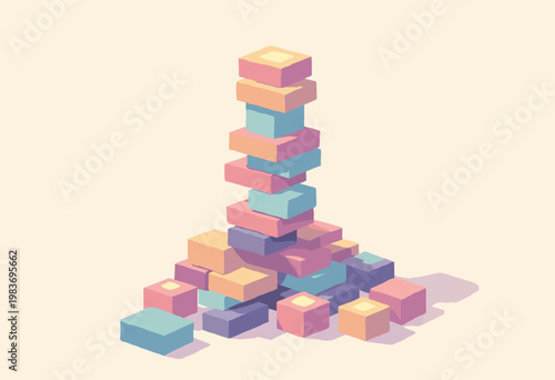 clean flat illustration Jenga tower made glowing geometric blocks, precariously leaning Cognitive Load concept Minimalist pastel color palette Solid offwhite background No text, vast blank space