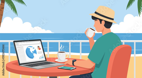 Man working remotely on laptop by ocean.