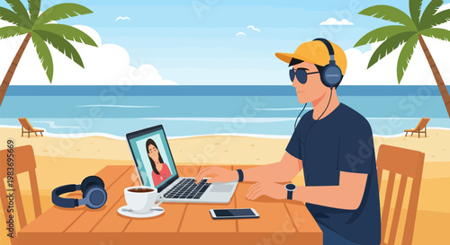 Man working remotely on laptop at beach.