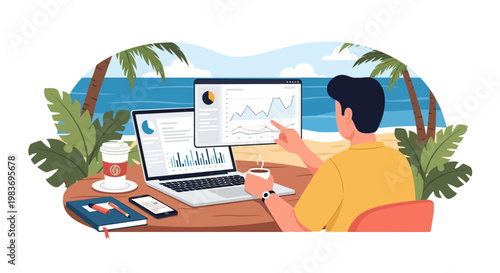 Man working remotely on a beach.